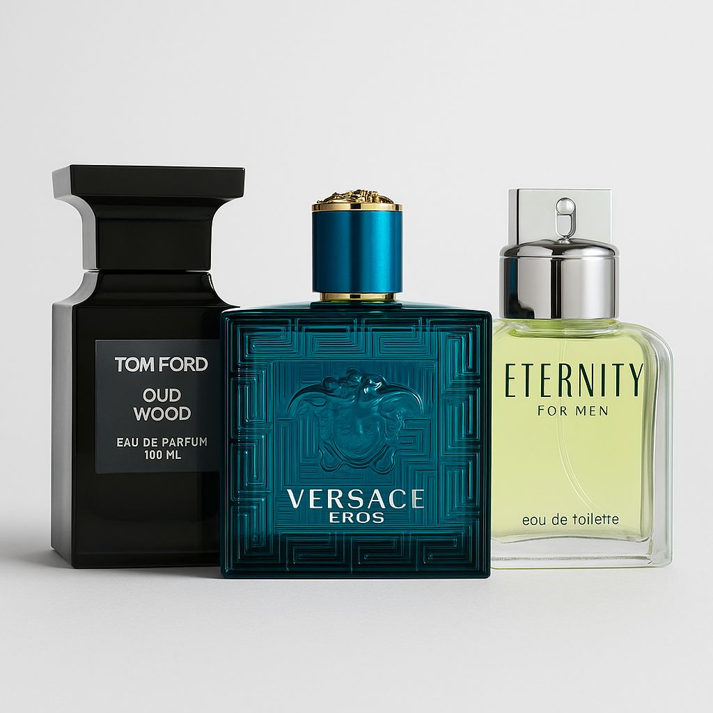 Tom ford Oud Wood Eau de Parfum 100ml, Versace Eros Eau de Toilette 100ml, Calvin Klein Eternity for Men Eau de Toilette 100ml