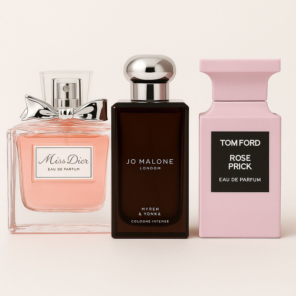 Dior miss dior parfum 125ml, Jo Malone London Myrrh & Tonka 100ml, Tom Ford rose Prick 100ml