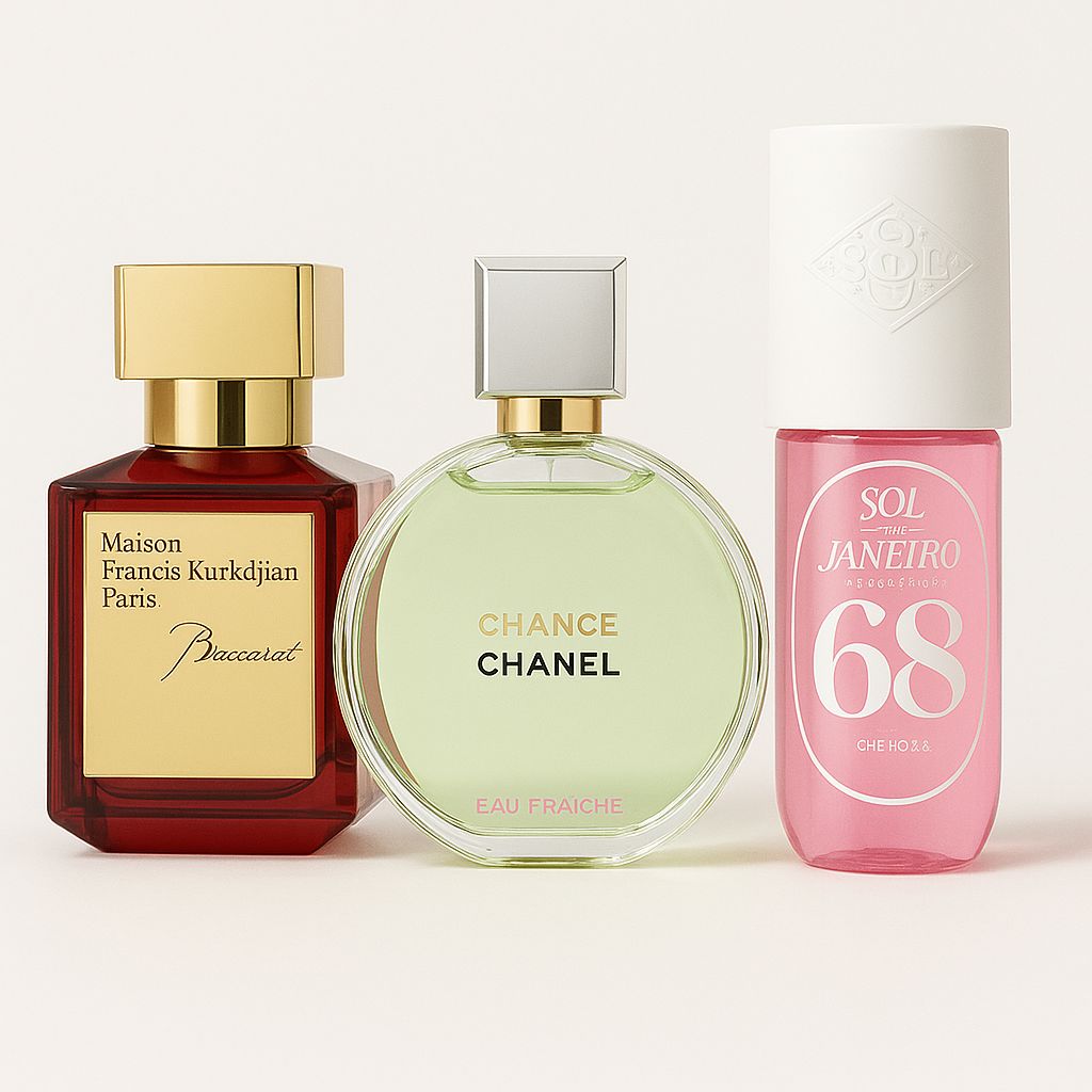 Sol de Janeiro Cheirosa 68 90ml, Chanel Chance Eua Fraîche 100ml, Maison Francis kurkdjian Baccarat rouge 540 200ml